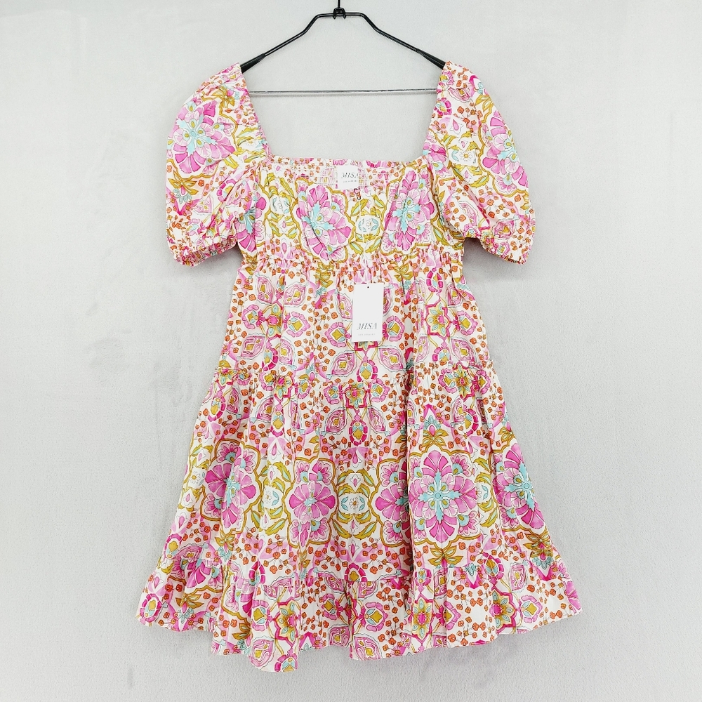 NEW MISA Kayla Pink Summer Floral Puff Sleeve Mini Dress P3100 - Picture 2 of 10